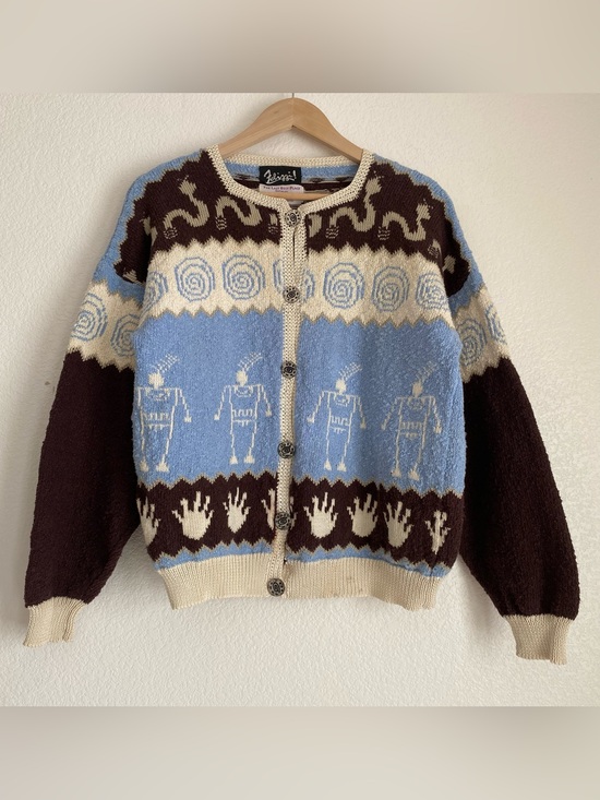 Felizzi Sweaters - Vintage Felizzi hieroglyphic parietal art hand loomed knitted cardigan sweater